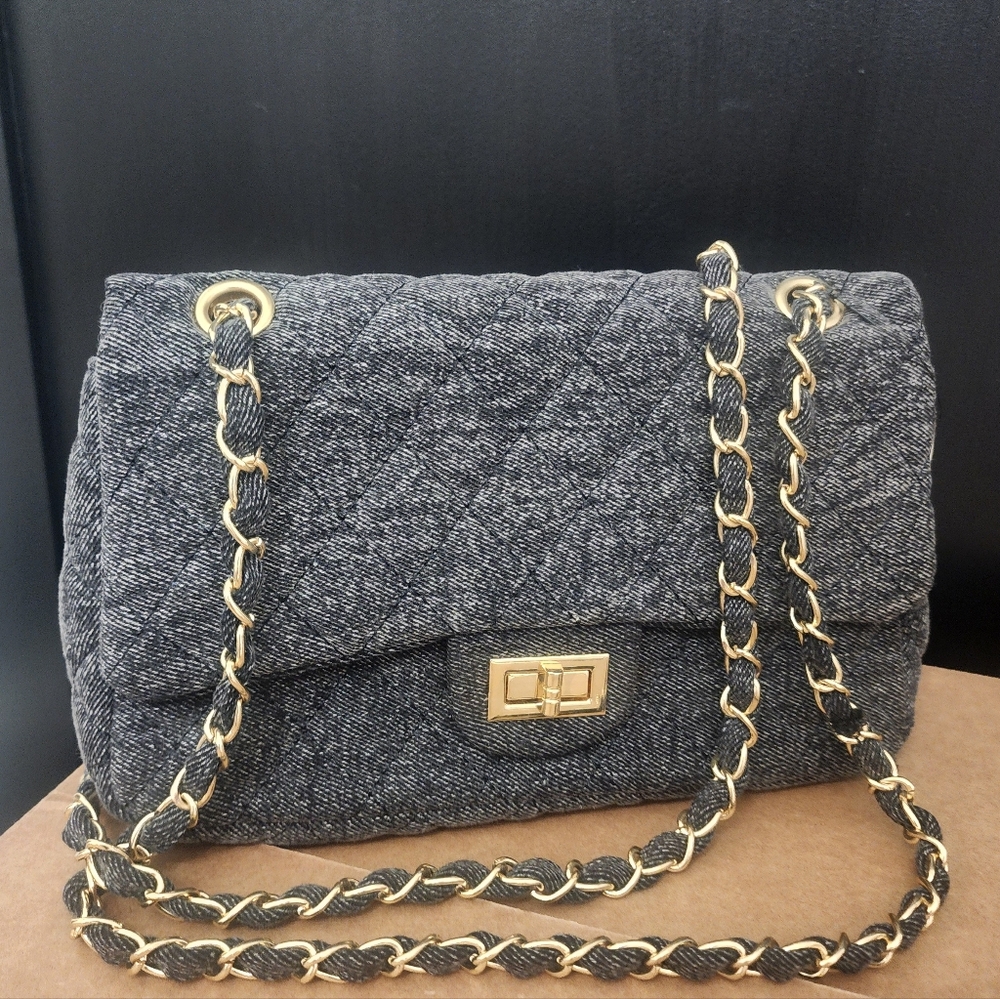 Hello 3am Flap Bag In Black Heathered Denim Puff Diamond Stitching Gold Hardware